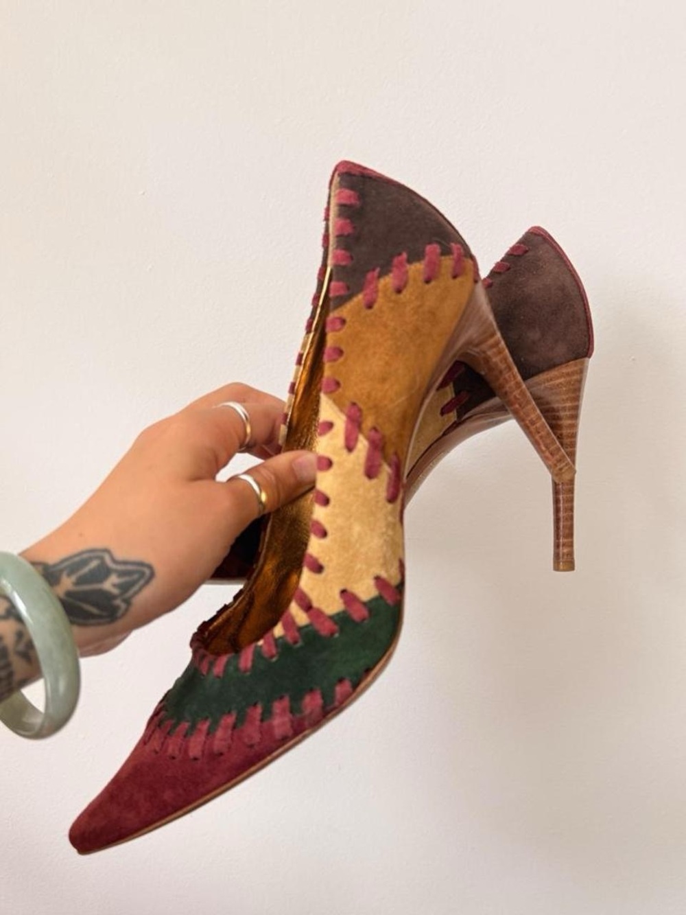 90s Dolce & Gabbana Multicolor Suede Patchwork Pointed-Toe Pumps - Women's 7.5 - Picture 3 of 8